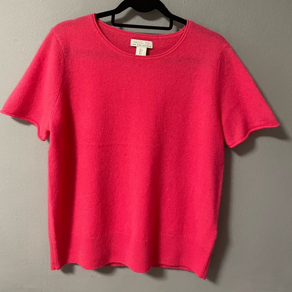 NWOT 100% 2-Ply Cashmere Rachel Zoe Pink Boxy Short Sleeve Sweater. Size Large